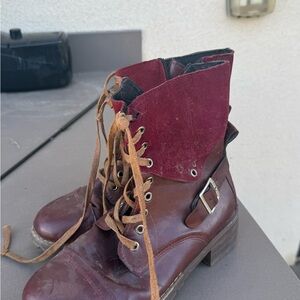 Burgundy Lace-Up Ankle Boots with Buckle